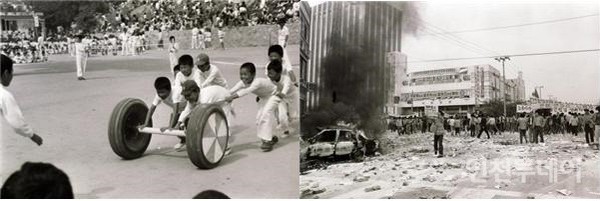 왼쪽 1977년 문학초등학교 운동회, 오른쪽 1986년 5·3인천민주항쟁. (사진제공 인천시립박물관)