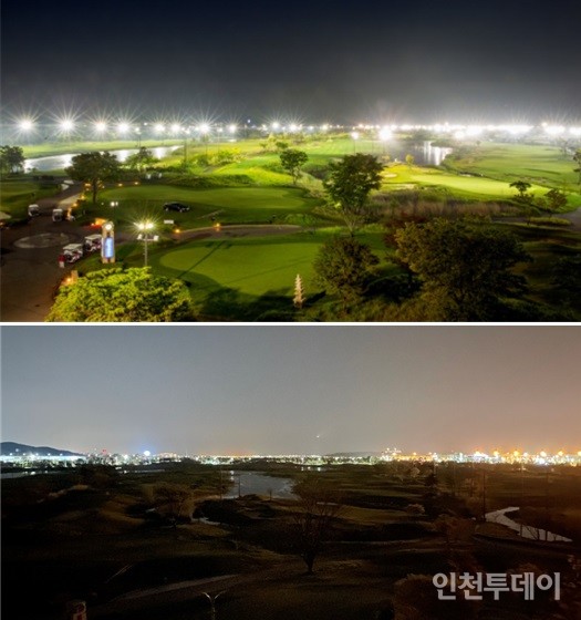 (위) 스카이72 야간 골프 전경 (아래) 단전으로 불 꺼진 스카이72 전경.(사진제공 스카이72)