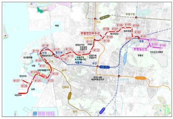 제2차 인천 도시철도망구축계획안의 부평연안부두트램 노선도.(출처 인천시)