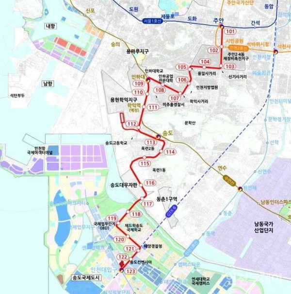 제2차 인천 도시철도망구축계획안의 주안송도트램 노선도.(출처 인천시)