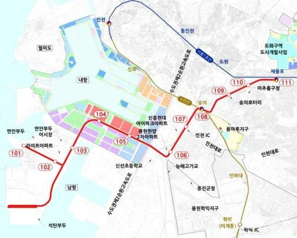 제2차 인천 도시철도망구축계획안의 제물포연안부두트램 노선도.(출처 인천시)