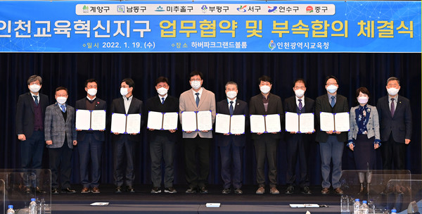 인천시교육청이 마을교육공동체 사업을 활성화하기 위해 기초자치단체들과 ‘교육혁신지구 부속합의’를 19일 체결했다.