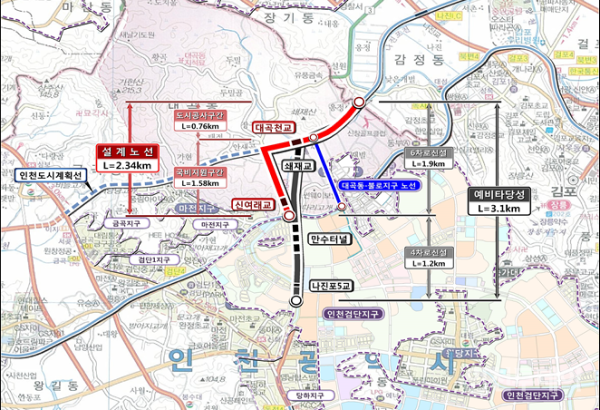 국지도98호선 도계~마전 구간 위치도. 빨간선으로 표시된 부분이 신설 노선에 해당한다.(자료제공 인천시)