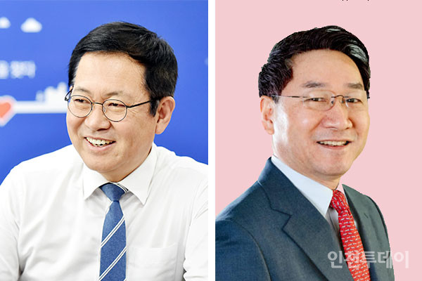 박남춘 인천시장(왼쪽)과 유정복 전 인천시장(오른쪽)