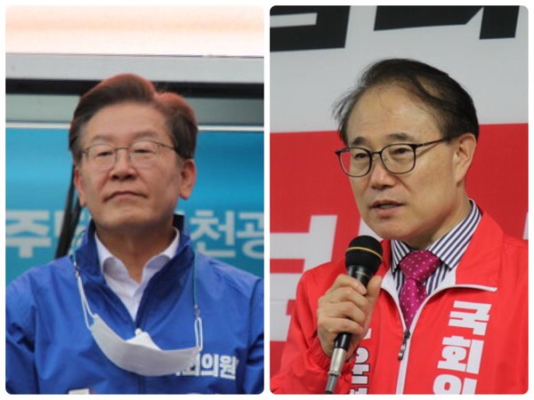 (왼쪽부터) 더불어민주당 이재명 인천 계양을 국회의원 보궐선거 후보, 국민의힘 윤형선 후보.