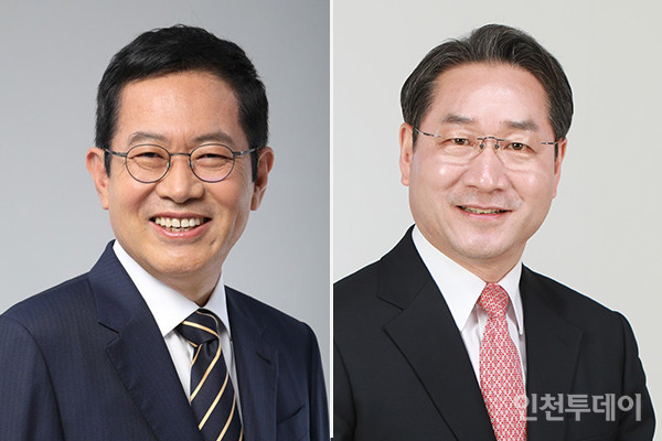 왼쪽부터 더불어민주당 박남춘 인천시장 후보, 국민의힘 유정복 인천시장 후보.