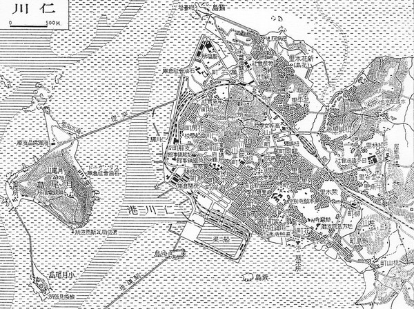 1930년대 인천 지도. 지도 위에 묘도(괭이부리)가 표시돼있다.