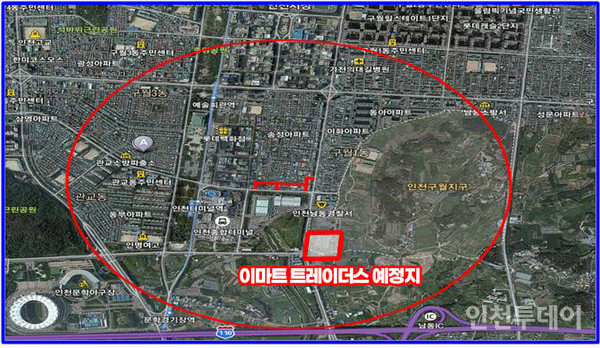 남동구가 지난 2011년 고시한 구월도매전통시장 인근 전통상업보존구역 위치도와 이마트 트레이더스 예정지(붉은 네모).