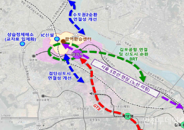 국토부가 지난 11일 발표한 서울5호선 김포 연장안은 노선 미정이긴 하지만 검단이 제외 돼 있다.(사진제공 국토부) 