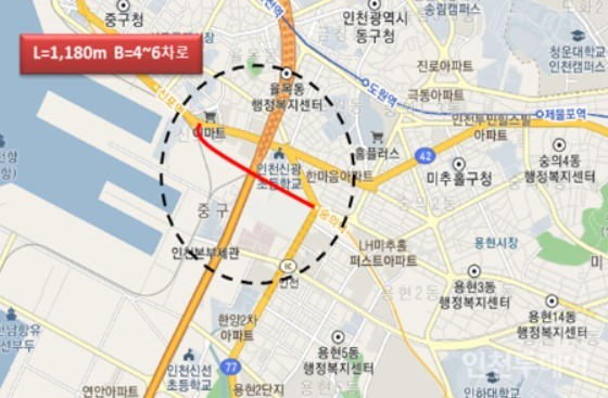 중구 능안삼거리~인천여자상업고등학교 도로 위치도.(출처 인천시)