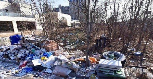 지난 1월에 찍힌 운서 SK뷰 스카이시티 2차 아파트 인근 쓰레기.(사진 출처 네이버 로드뷰 갈무리)