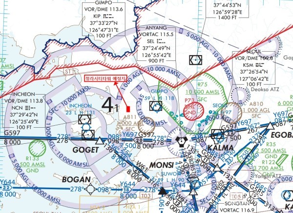 인천국제공항과 김포국제공항 공역 범위 안에 청라시티타워 예정지가 들어 있다.(출처 국토부 발간 항공정보간행물(AIP))