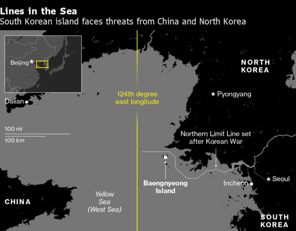 바다의 선. 중국과 북한의 위협에 직면한 한국의 섬. (출처 Bloomberg 누리집)