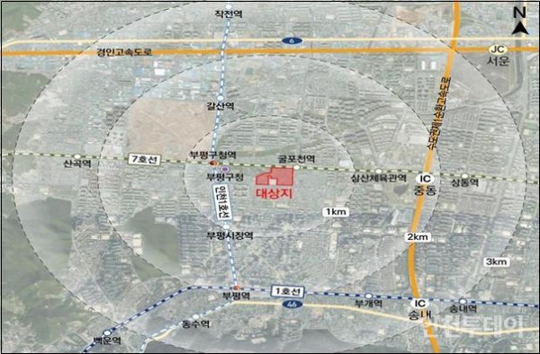 서울도시철도7호선 굴포천역 남측에 위치한 굴포천역 도심 공공주택 복합사업 위치도.(사진제공 인천시)