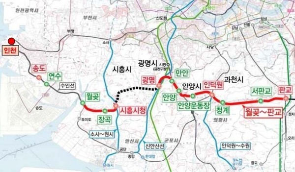 경강선 KTX 월곶~판교 구간 노선도.(자료 제공 인천시)