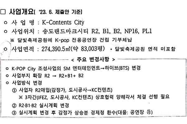 인천경제청의 ' ‘K-POP CITY 조성사업 진행 상황 보고’ 중 일부 발췌. 