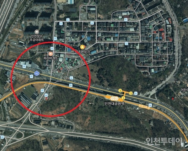 인천2호선 방음벽이 없는 구간.(출처 네이버 지도 갈무리)
