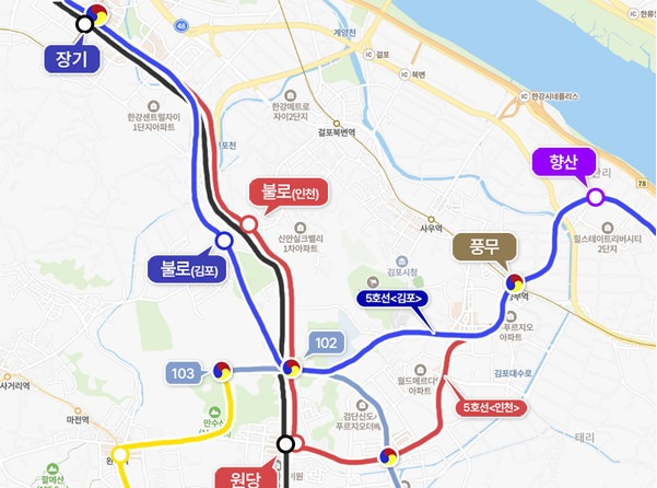 서울5호선 인천시안(빨강)과 김포시안(파랑).