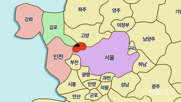 서울, 김포, 인천의 지도.