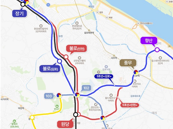 서울5호선 인천시안(빨강)과 김포시안(파랑)