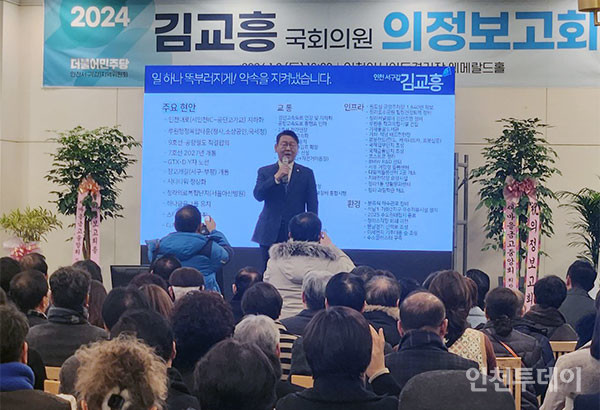 김교흥(더불어민주당, 인천 서구갑) 국회의원이 지난 6일 인천 서구 소재 인천아시아드웨딩컨벤션에서 열린 2024년 의정보고회에서 성과를 설명하고 있다.