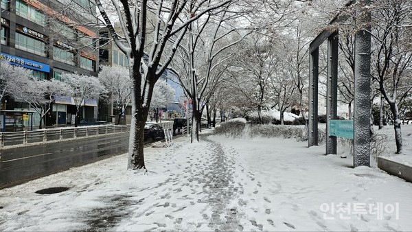 22일 눈이 내린 인천 남동구 구월동의 모습. 