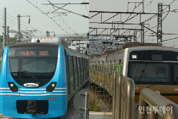 공항철도(왼쪽)과 서울9호선(오른쪽)의 모습.