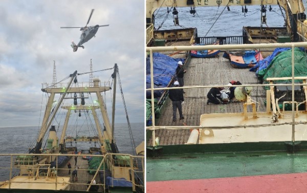 아르헨티나 해경 헬기와 인양줄을 이용해 급성맹장염 선원을 구조하는 모습.(사진제공 해양경찰청)