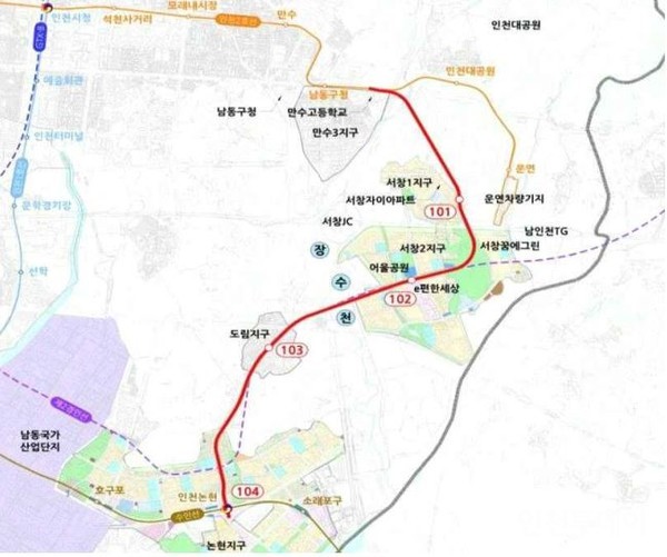 제2차 인천 도시철도망구축계획안의 인천2호선 논현연장 사업 노선도.(출처 인천시)
