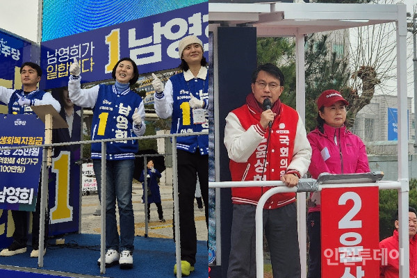 남영희 후보(왼쪽)와 윤상현 후보(오른쪽)가 28일 출정식을 개최했다.