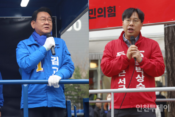 더불어민주당 김교흥 후보와 국민의힘 박상수 후보가 서구 정서진중앙시장에서 출정식을 열었다.