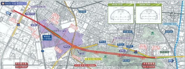 인천 용현‧학익 1블록 도시개발사업 대심도터널 평면도.(자료제공 인천시)