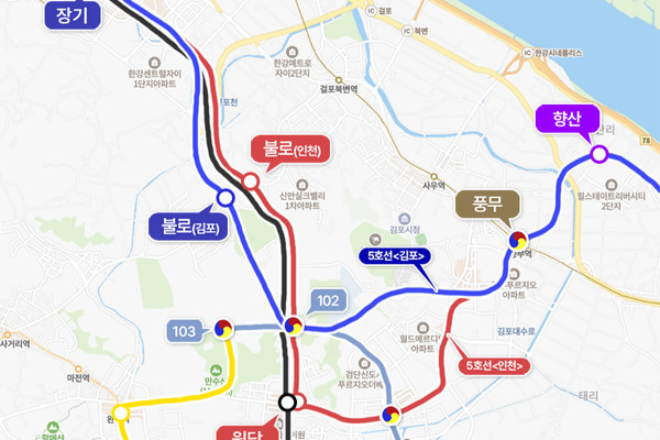 서울5호선 인천시안(빨강)과 김포시안(파랑), 대통령 공약 당시 GTX-D 노선안(검정) 