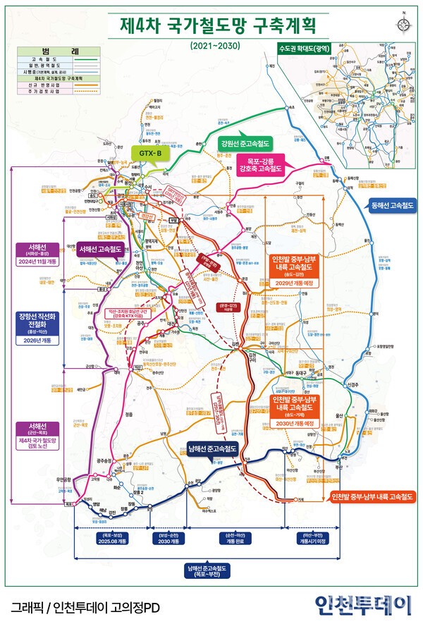 제4차 국가철도망 구축계획을 토대로 인천투데이가 제시한 제5차 국가철도망 구축계획 예시 안내도