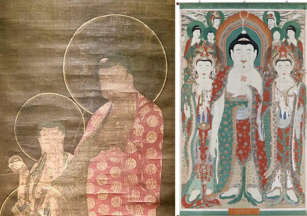 왼쪽 리움 소장 아미타삼존도 중 아미타불. 오른쪽 청곡사 영산회 괘불탱(출처: 국가유산포털) 두 그림 다 국보. 고려나 조선후기 그림의 본존 가슴에 만자가 그려진 것은 흔하다.