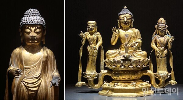 왼쪽 국립중앙박물관 소장 금동여래입상. 오른쪽 리움 소장 금동 아미타여래삼존 좌상. 9세기 금동불상이나 여말선초의 금동불상에도 역시 만자가 새겨지기도 했다.