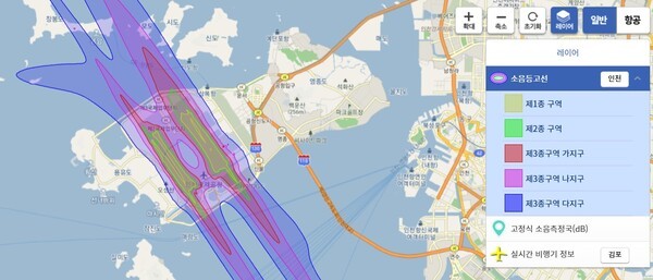 인천국제공한 인근 소음지도. 제1종 구역의 소음이 가장 심하다. (자료 공항소음포털 갈무리)
