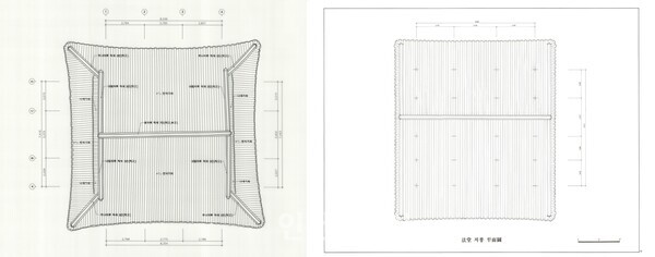 왼쪽이 전등사 대웅전 지붕, 오른쪽이 정수사 법당 지붕 평면도. 위에서 내려다보면 팔작지붕과 맞배지붕이 이렇게 생겼다. 출처: 국가유산청